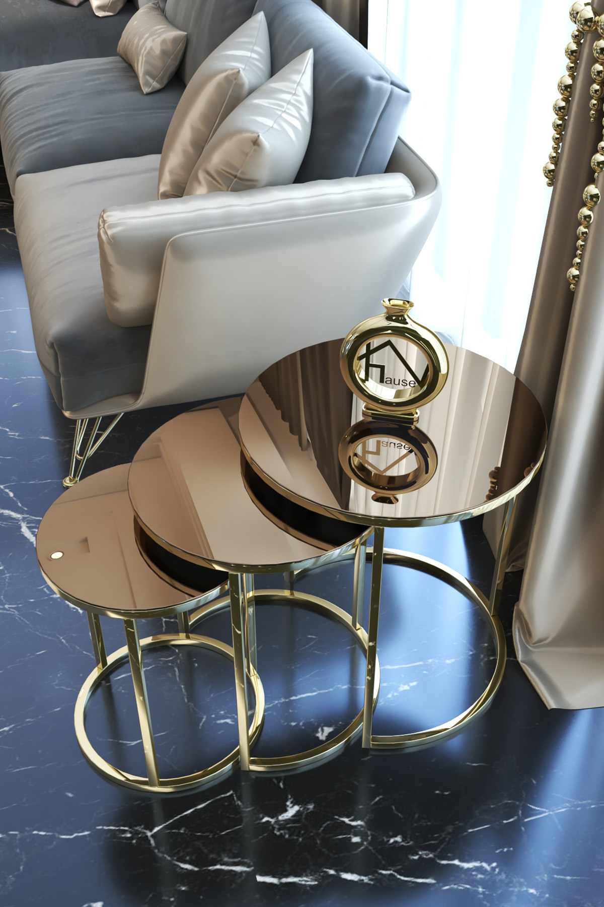 BRONZ MIRROR AND GOLD METAL SIDE TABLES